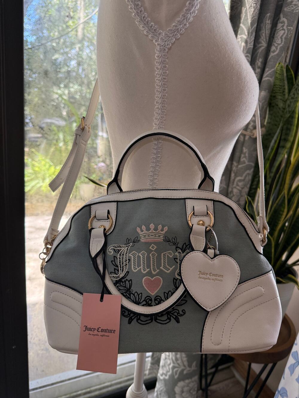Juicy Couture Denim Heritage Satchel Blue White Y2K Heart Charm Crossbody